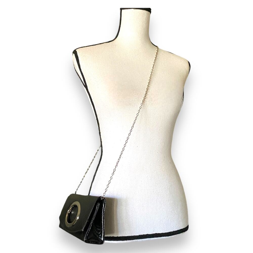 VNTG 90s Patent Snake Embossed East West HandBag Purse Black Chain Strap Clutch - Picture 3 of 9